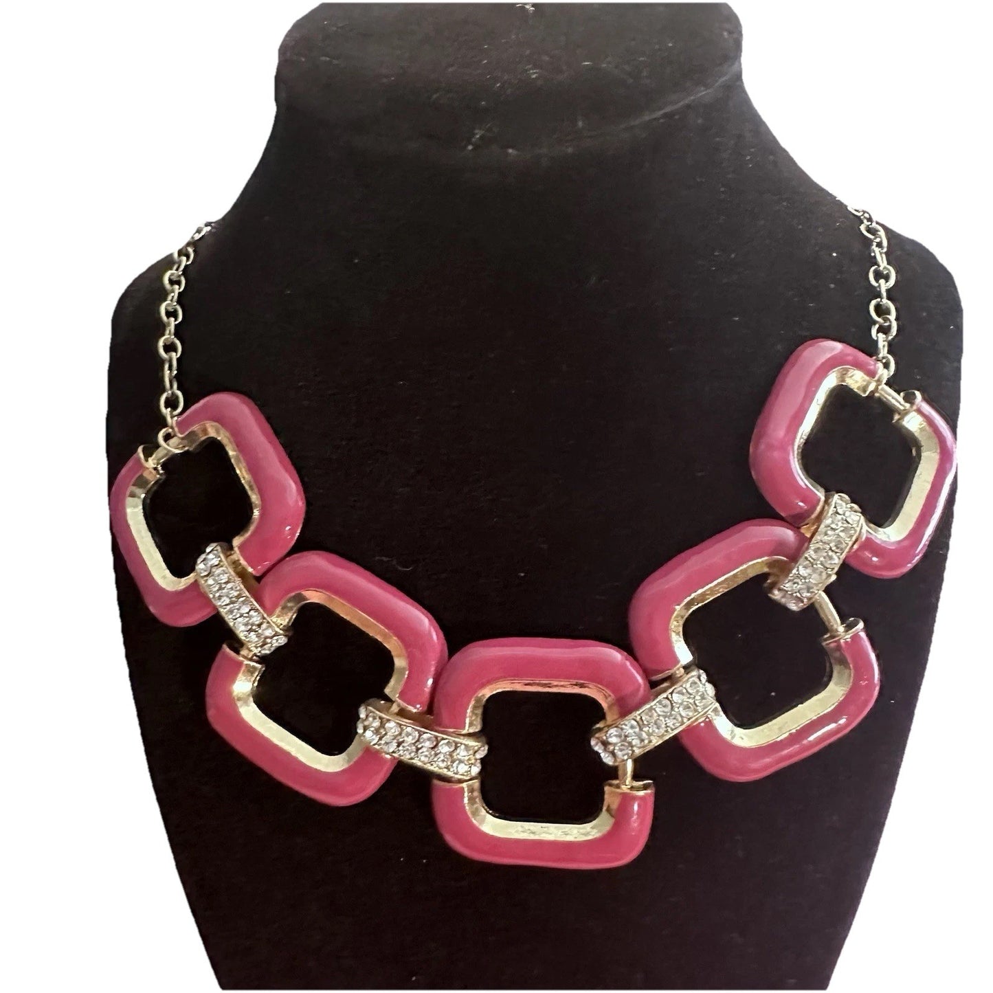 Fuschia And Gold-Tone Chain Necklace Enamel Square Links Rhinestone