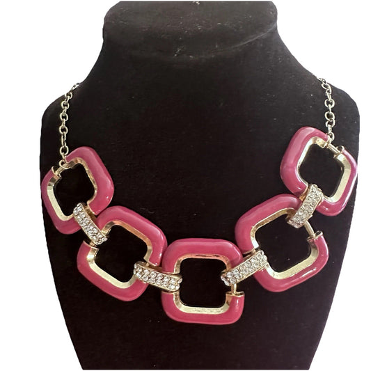 Fuschia And Gold-Tone Chain Necklace Enamel Square Links Rhinestone