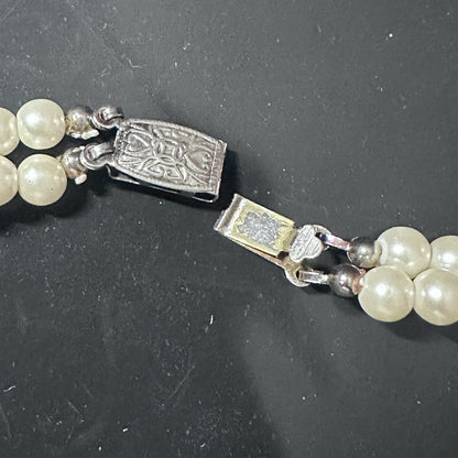 Vintage 2 Double Strand Faux Pearl Rhinestone Necklace Choker Ornate Box Clasp