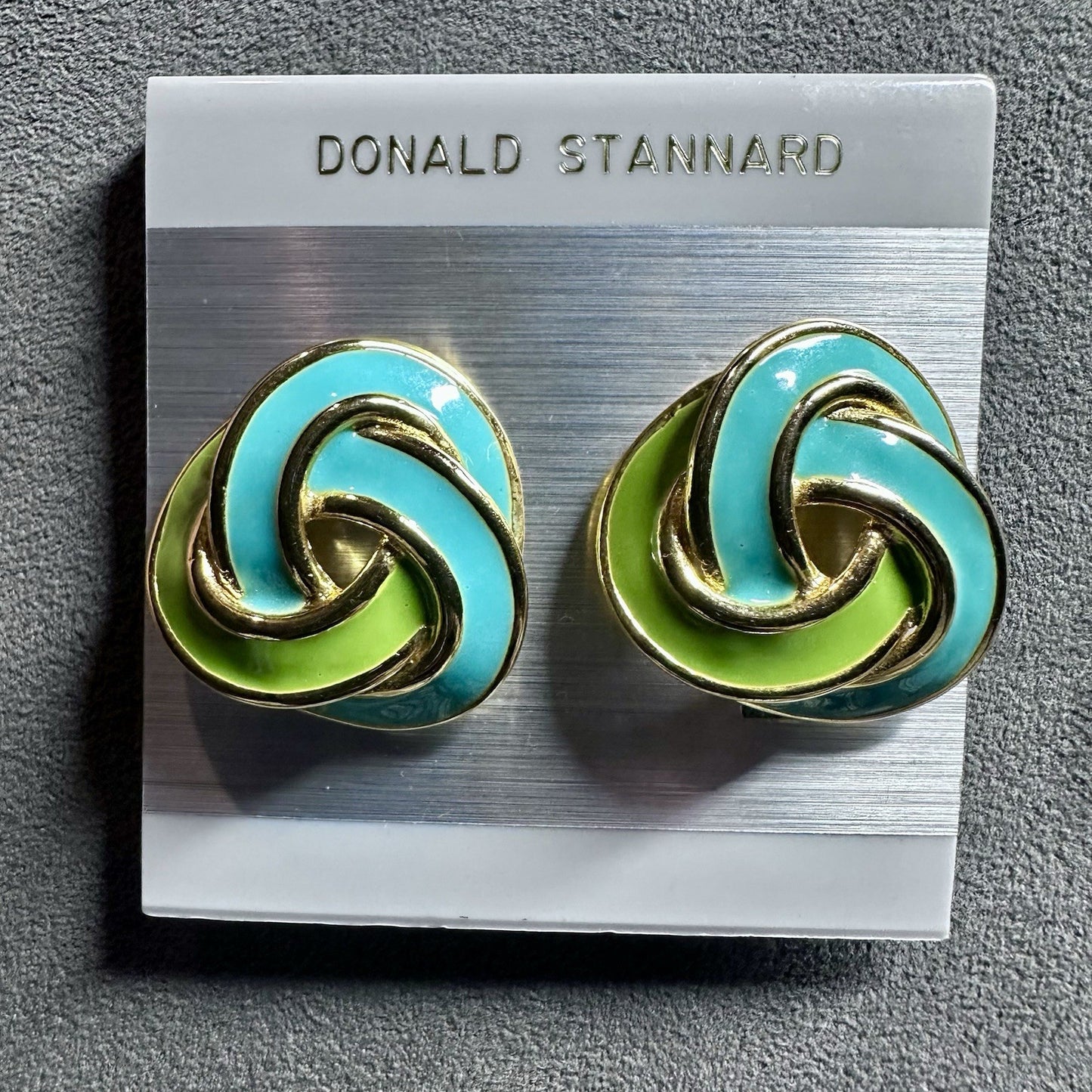 Vtg Donald Stannard  Gold Tone Green Blue Enamel Swirls Classic Clip On Earrings