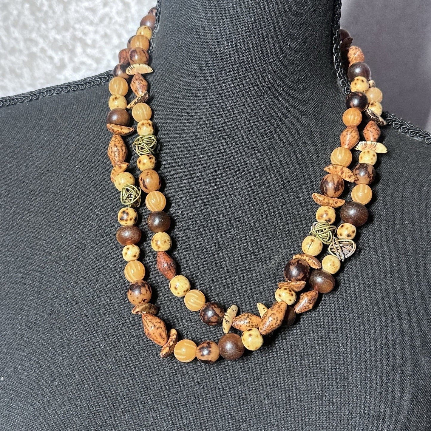 Vintage Dayne Duvall Wood & Mixed Stone Fashion Layering Long Necklace
