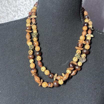 Vintage Dayne Duvall Wood & Mixed Stone Fashion Layering Long Necklace