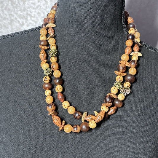 Vintage Dayne Duvall Wood & Mixed Stone Fashion Layering Long Necklace