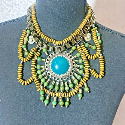 Chunky Statement Fashion Wooden green bead rhinestone necklace
