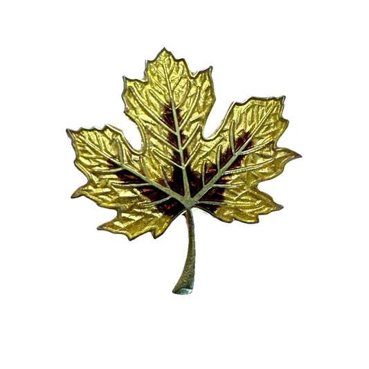 Vintage Stamped Fish and Crown Cloisonne Gold Tone Leaf Brooch/Pin