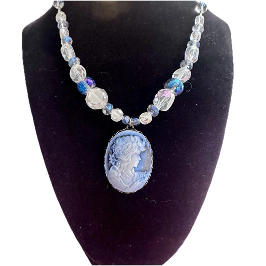 Vintage Style Victorian Cameo Beaded Necklace Blue