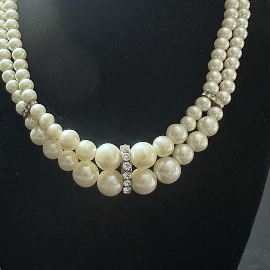 Vintage 2 Double Strand Faux Pearl Rhinestone Necklace Choker Ornate Box Clasp