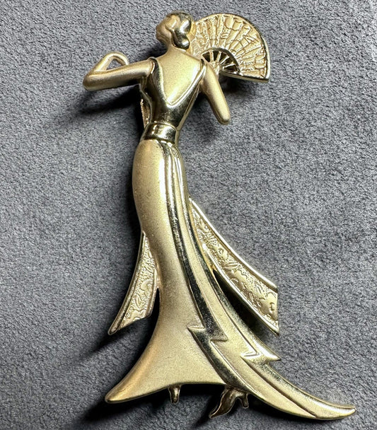 Vintage JJ 1988 Jonette Jewelry Goldtone Woman Formal Fan Evening Brooch Pin