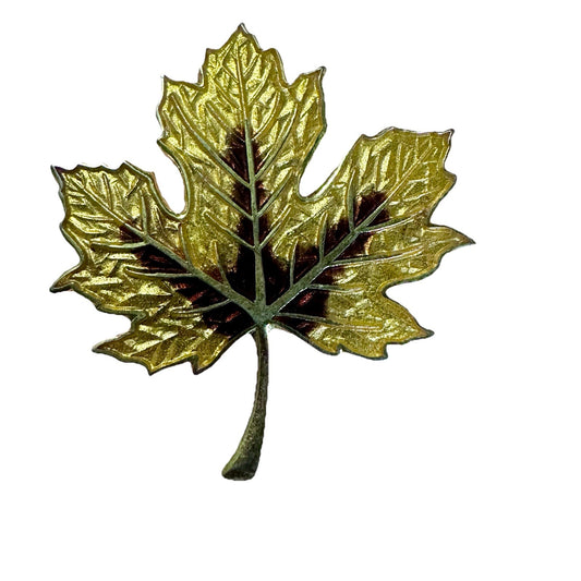 Vintage Stamped Fish and Crown Cloisonne Gold Tone Leaf Brooch/Pin