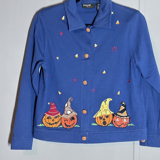 Vintage Onque Casuals Halloween Pumpkin Jacket Size S Candy Corn Witch Hats