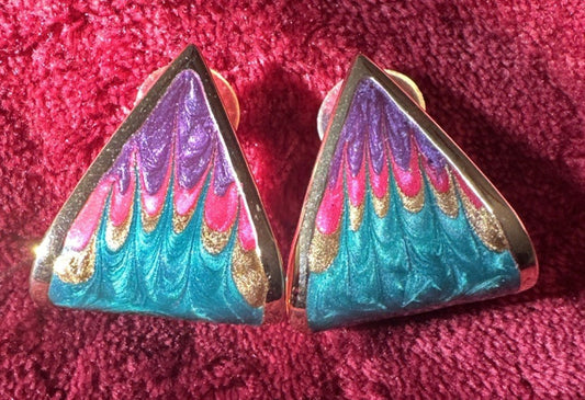 Vintage Colorful Enamel Pierced Earrings Gold tone 80s Fashion Costume Jewelry