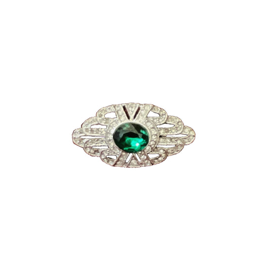 Rhinestone And Deep Green Art Deco Brooch