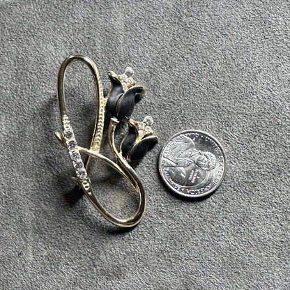 Vintage Tulip Gold Black Rhinestone Brooch Pin