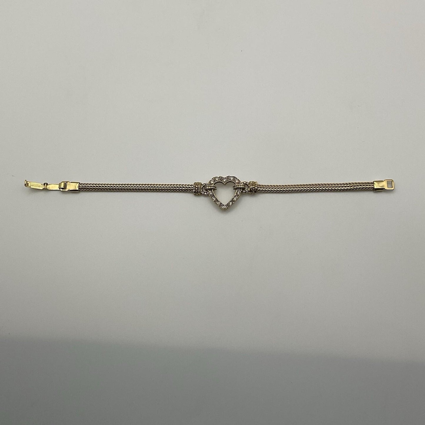 Vintage Gold Tone Herringbone Chain Crystal Heart Bracelet