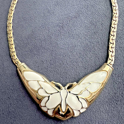 Vintage 1980's White/Beige Enamel Butterfly Motif Gold tone chain necklace