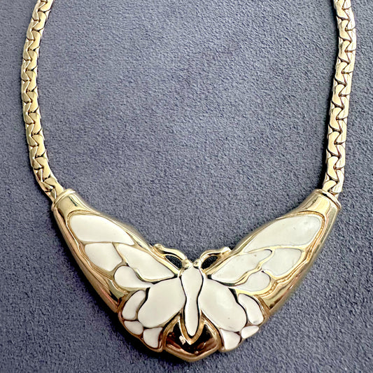 Vintage 1980's White/Beige Enamel Butterfly Motif Gold tone chain necklace