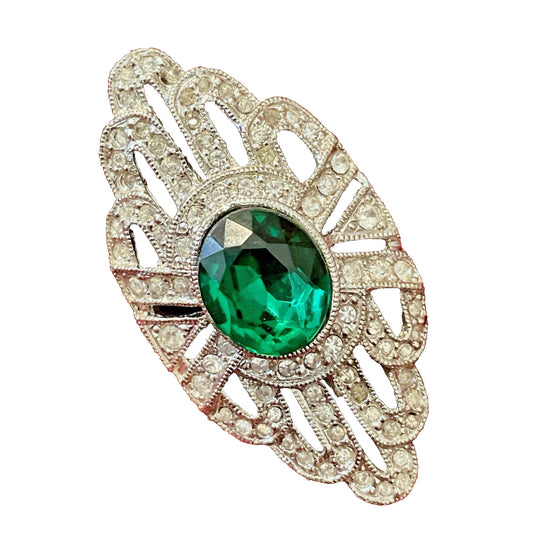Rhinestone And Deep Green Art Deco Brooch