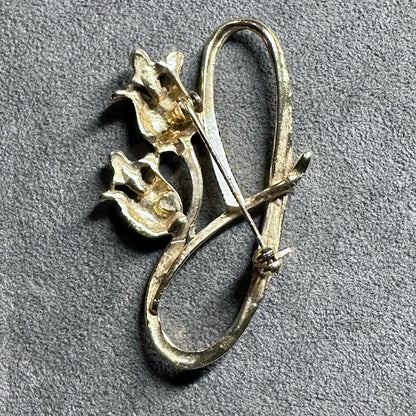Vintage Tulip Gold Black Rhinestone Brooch Pin