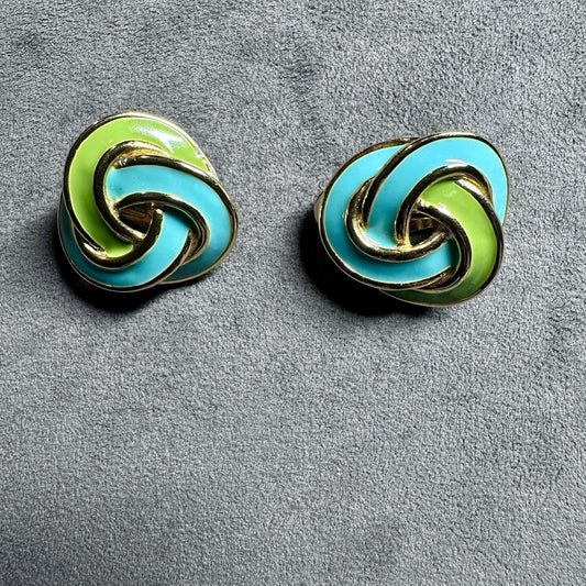 Vtg Donald Stannard  Gold Tone Green Blue Enamel Swirls Classic Clip On Earrings