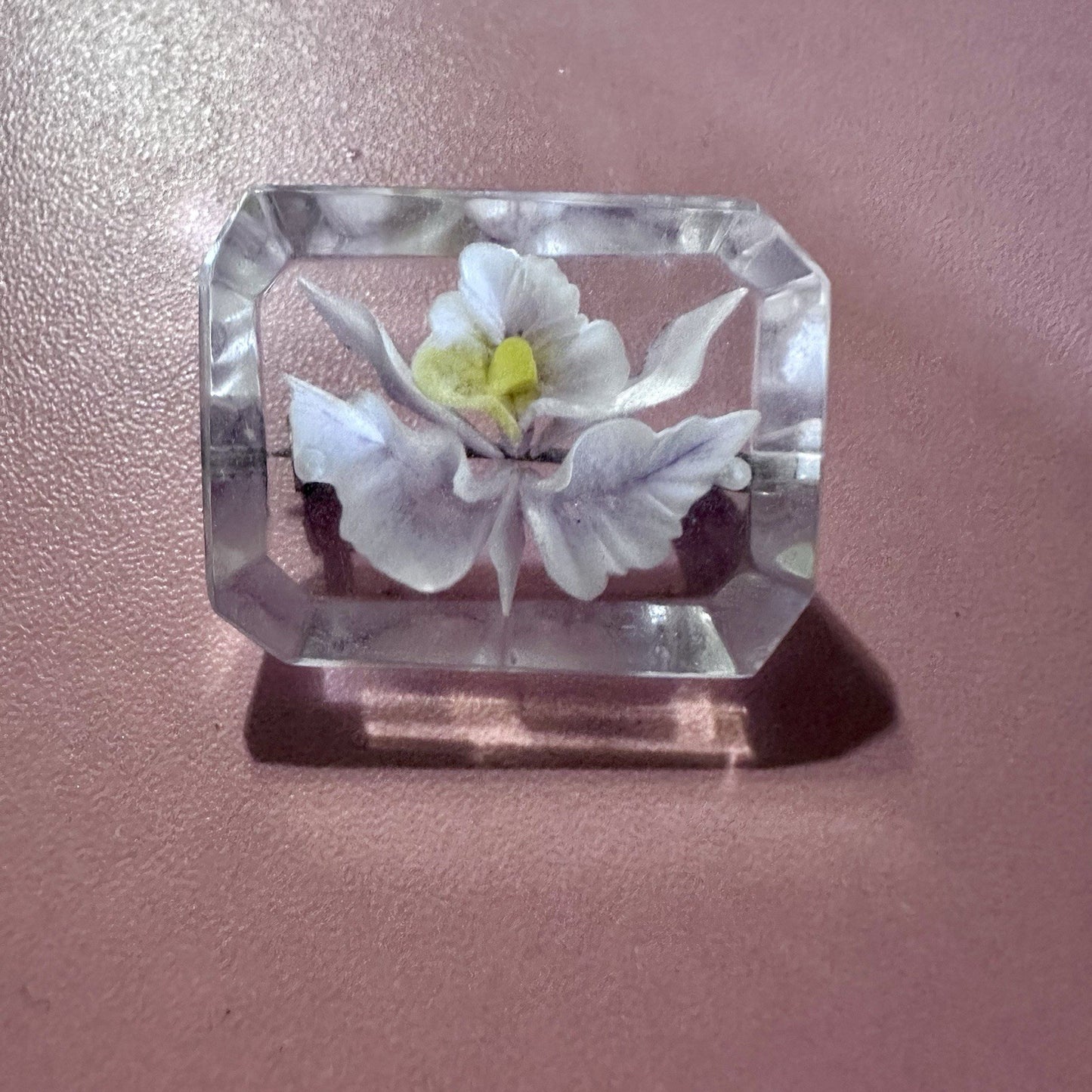 Vintage Lucite Orchid Brooch – Real Flower, Rectangle Design
