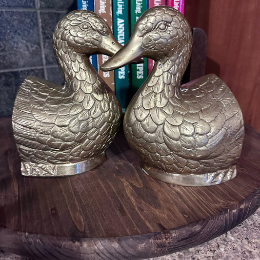 Vintage Brass Mallard Duck Bookends Pair Retro Home Decor w/ Patina