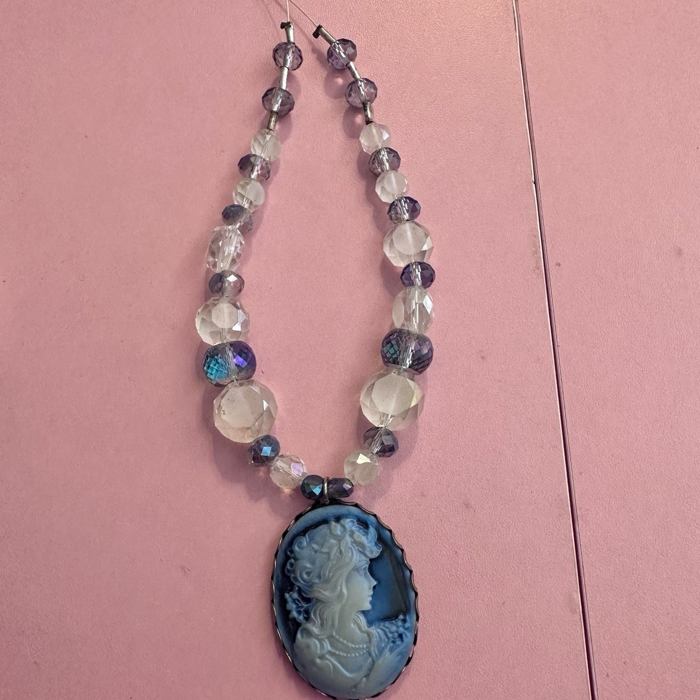 Vintage Style Victorian Cameo Beaded Necklace Blue