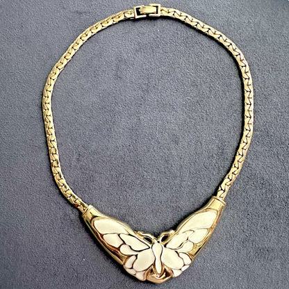 Vintage 1980's White/Beige Enamel Butterfly Motif Gold tone chain necklace