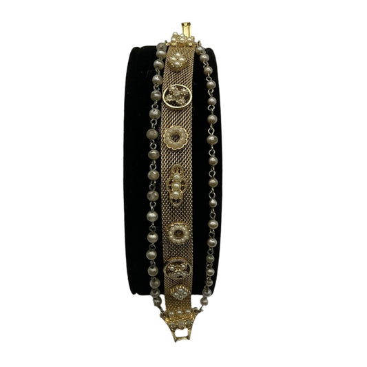 Vintage 3 Strand Mesh Seed Pearls Gold Tone Bracelet