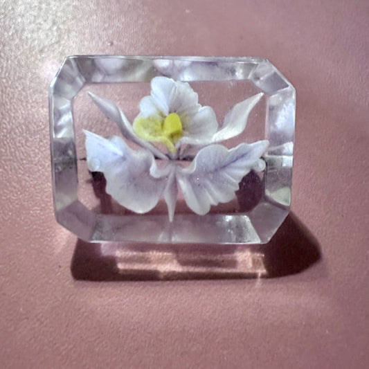 Vintage Lucite Orchid Brooch – Real Flower, Rectangle Design