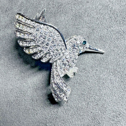 Vintage Silver Tone Rhinestone Hummingbird Brooch Pin with Green Eye