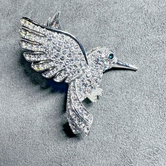 Vintage Silver Tone Rhinestone Hummingbird Brooch Pin with Green Eye