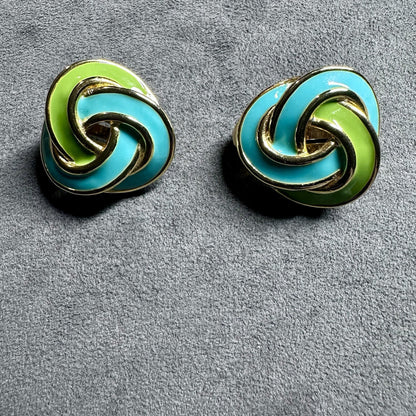 Vtg Donald Stannard  Gold Tone Green Blue Enamel Swirls Classic Clip On Earrings