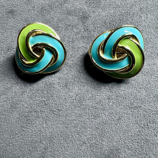 Vtg Donald Stannard  Gold Tone Green Blue Enamel Swirls Classic Clip On Earrings