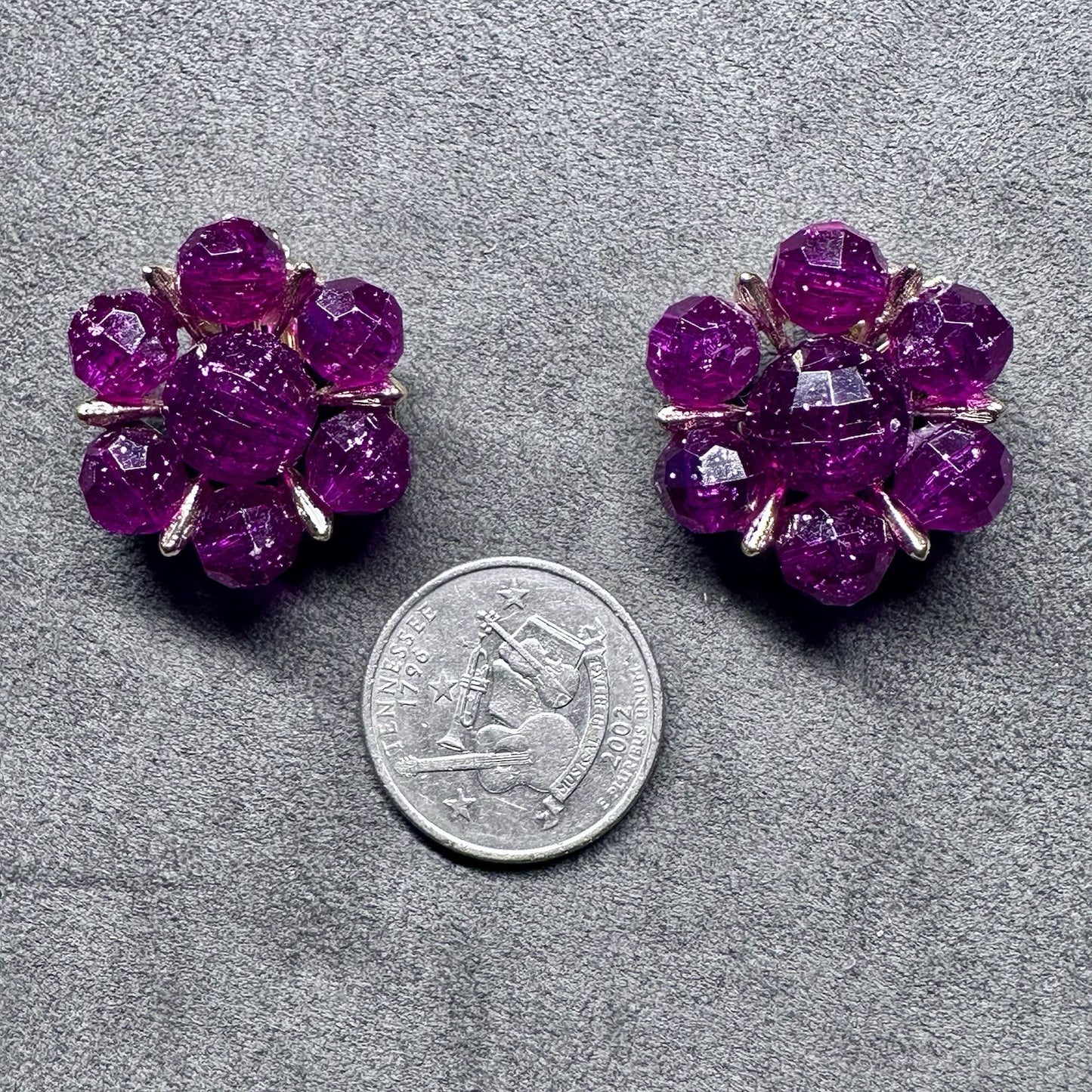 Vintage Purple Beaded Cluster Floral Gold Tone Clip On Earrings
