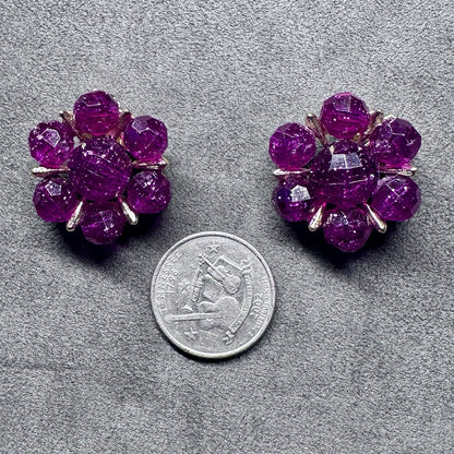 Vintage Purple Beaded Cluster Floral Gold Tone Clip On Earrings