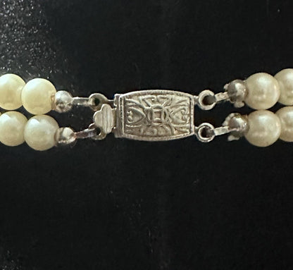 Vintage 2 Double Strand Faux Pearl Rhinestone Necklace Choker Ornate Box Clasp