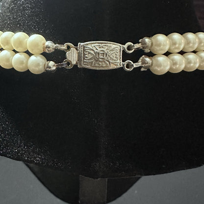 Vintage 2 Double Strand Faux Pearl Rhinestone Necklace Choker Ornate Box Clasp