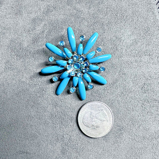 Vintage Jewelry Mod Hippie Boho Blue Flower With Rhinestone Brooch Pin