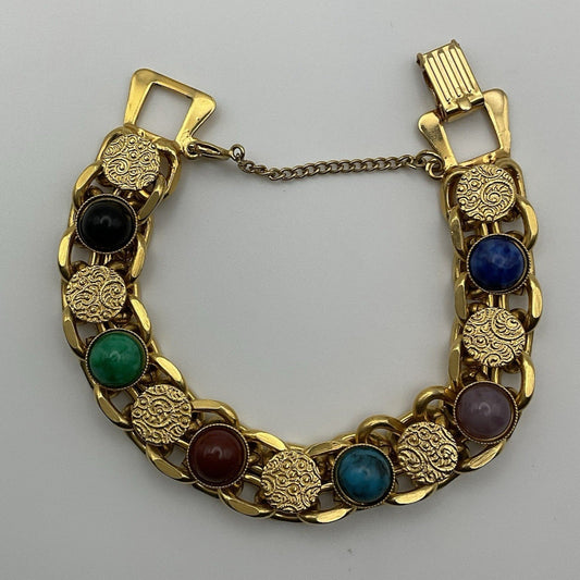 Vintage Gold Tone Imitation Gem Cabochon Charm Safety Chain Bracelet