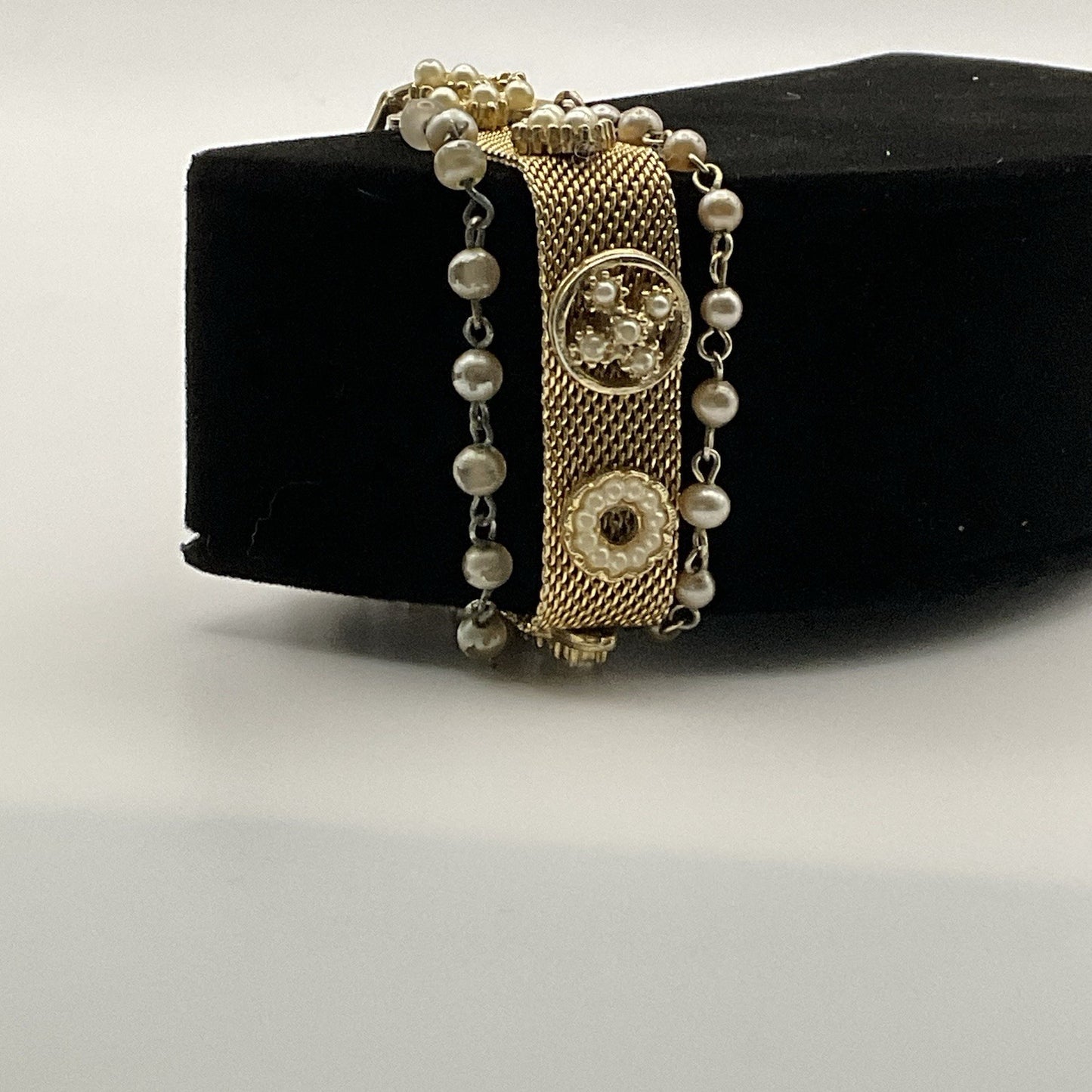 Vintage 3 Strand Mesh Seed Pearls Gold Tone Bracelet