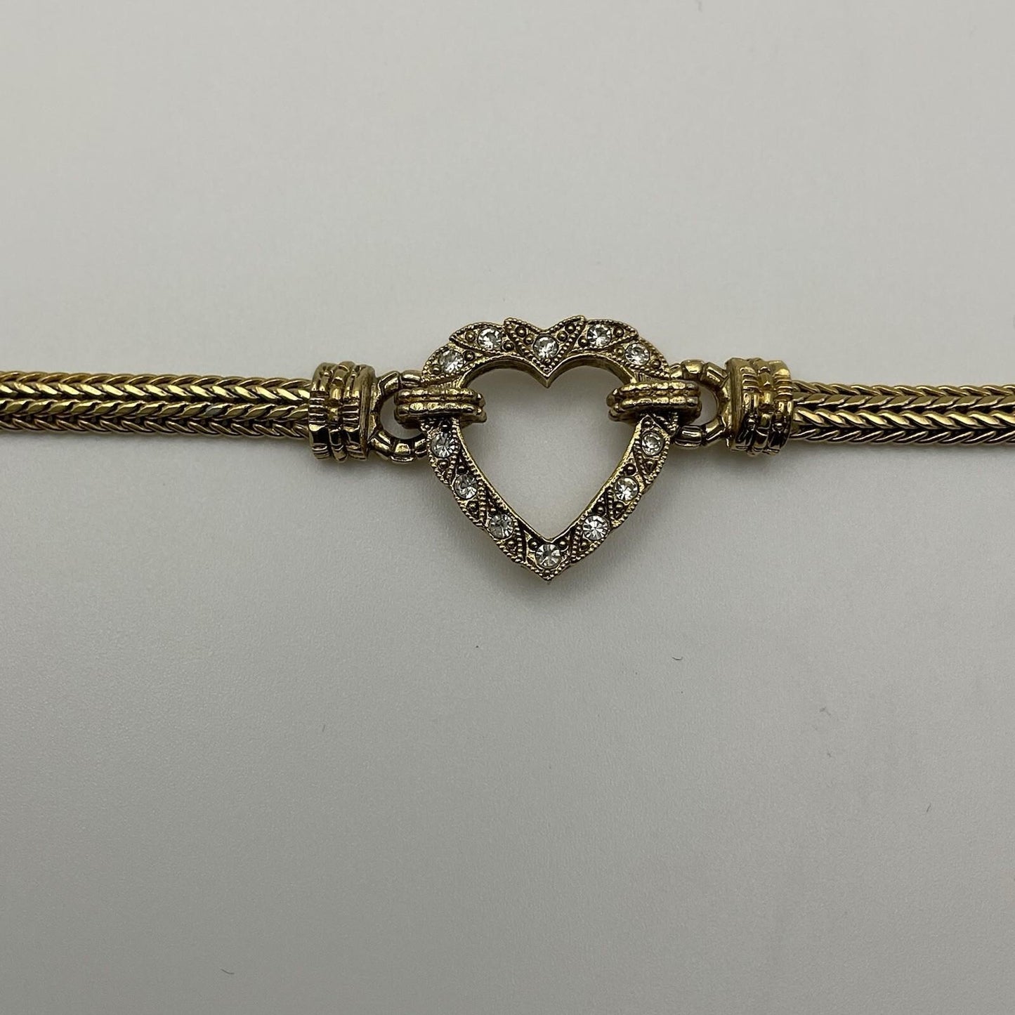 Vintage Gold Tone Herringbone Chain Crystal Heart Bracelet