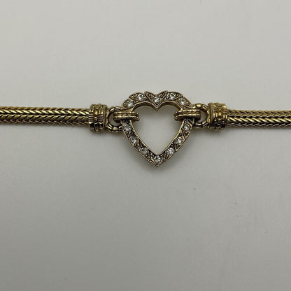 Vintage Gold Tone Herringbone Chain Crystal Heart Bracelet