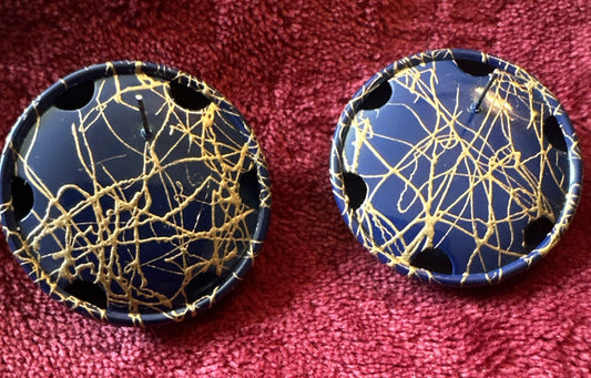 Vintage Button pierced earrings 1.5" blue and gold