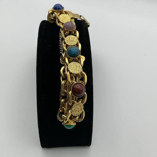 Vintage Gold Tone Imitation Gem Cabochon Charm Safety Chain Bracelet