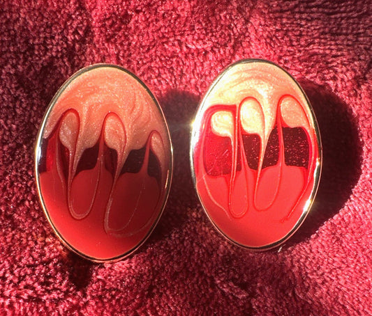 Oval Abstract Enamel Earrings Brass Tone Pierced