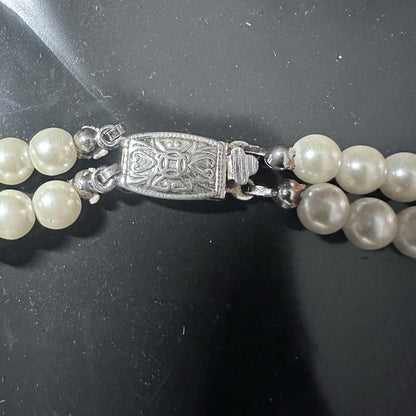 Vintage 2 Double Strand Faux Pearl Rhinestone Necklace Choker Ornate Box Clasp