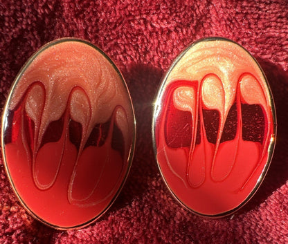 Oval Abstract Enamel Earrings Brass Tone Pierced