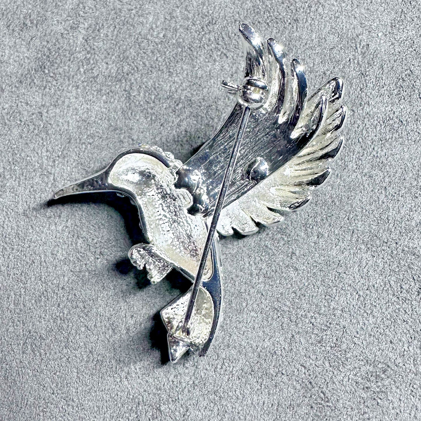 Vintage Silver Tone Rhinestone Hummingbird Brooch Pin with Green Eye
