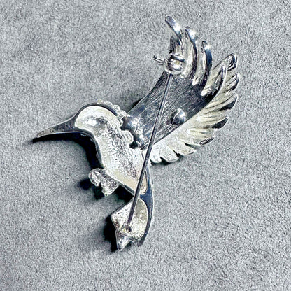 Vintage Silver Tone Rhinestone Hummingbird Brooch Pin with Green Eye