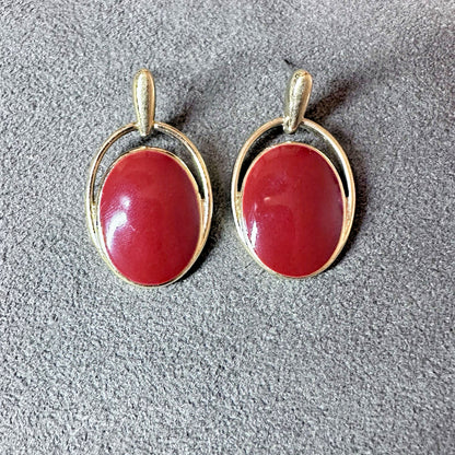 Vintage Trifari Signed Gold Tone And Red Lucite Cabochon Pierced Earrings